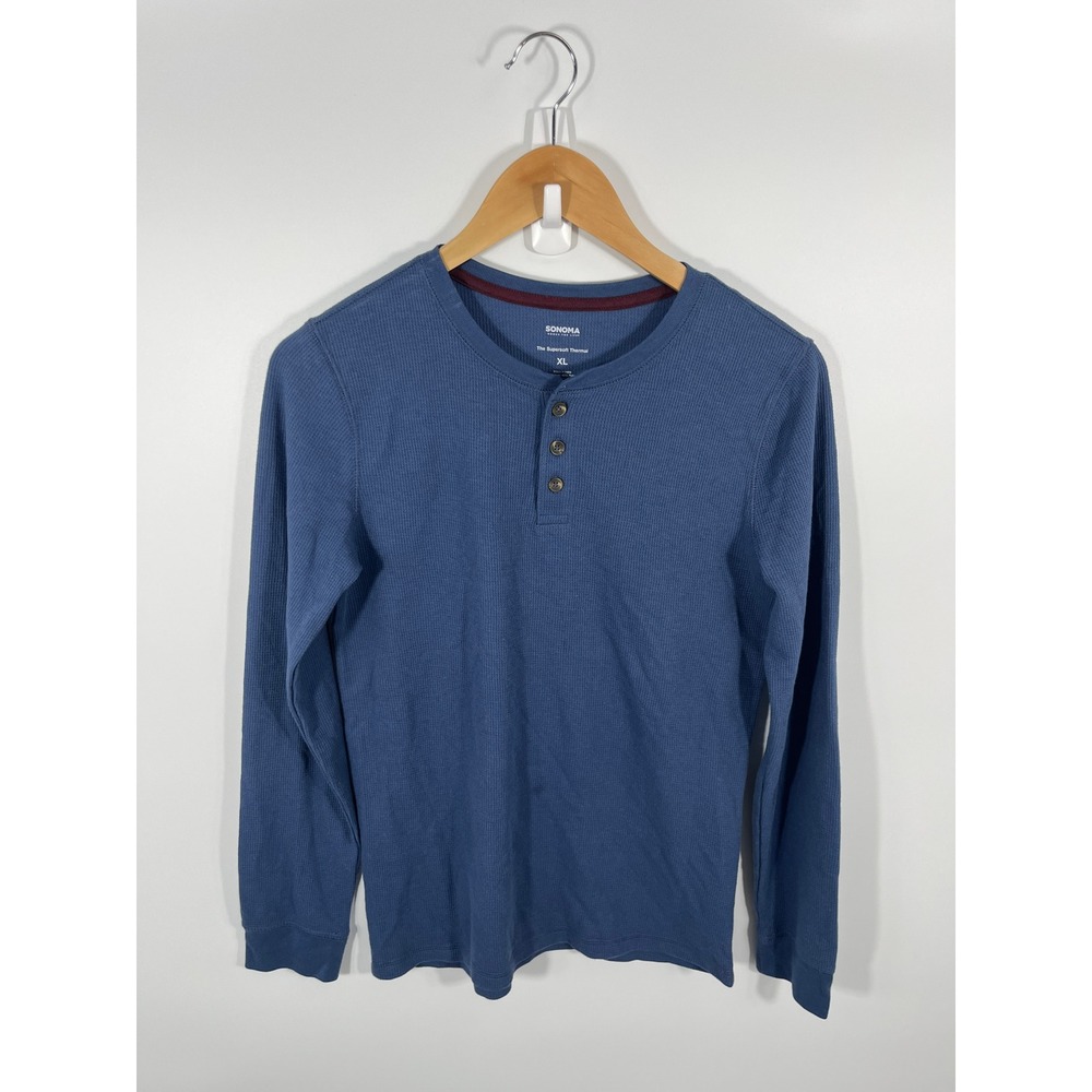 Sonoma Womens Thermal Waffle Henley Shirt XL Blue Outdoor Layer Hiking Camping